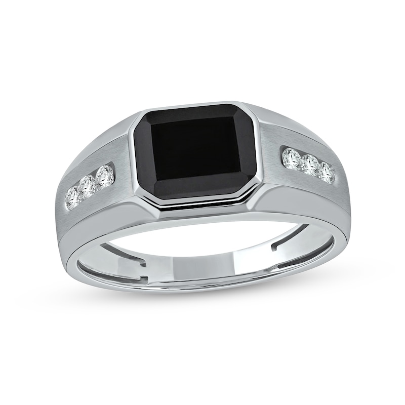 Men's Sideways Octagonal Black Onyx and White Lab-Created Sapphire Tri-Sides Channel Band in Sterling Silver
