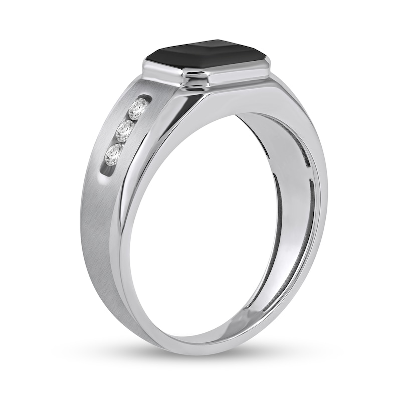 Men's Sideways Octagonal Black Onyx and White Lab-Created Sapphire Tri-Sides Channel Band in Sterling Silver