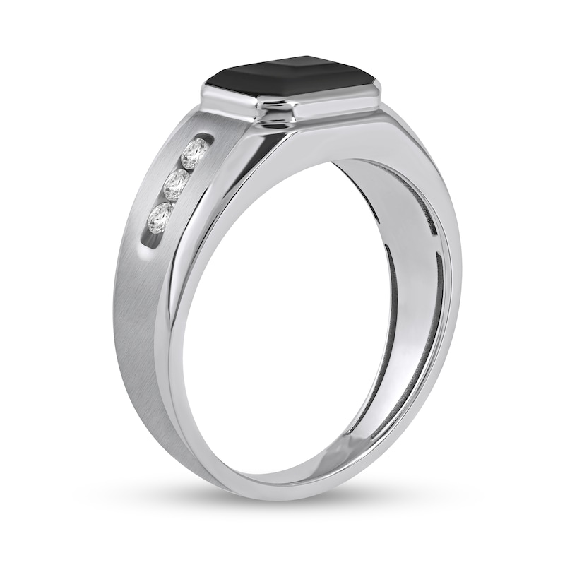 Main Image 2 of Men's Sideways Octagonal Black Onyx and White Lab-Created Sapphire Tri-Sides Channel Band in Sterling Silver