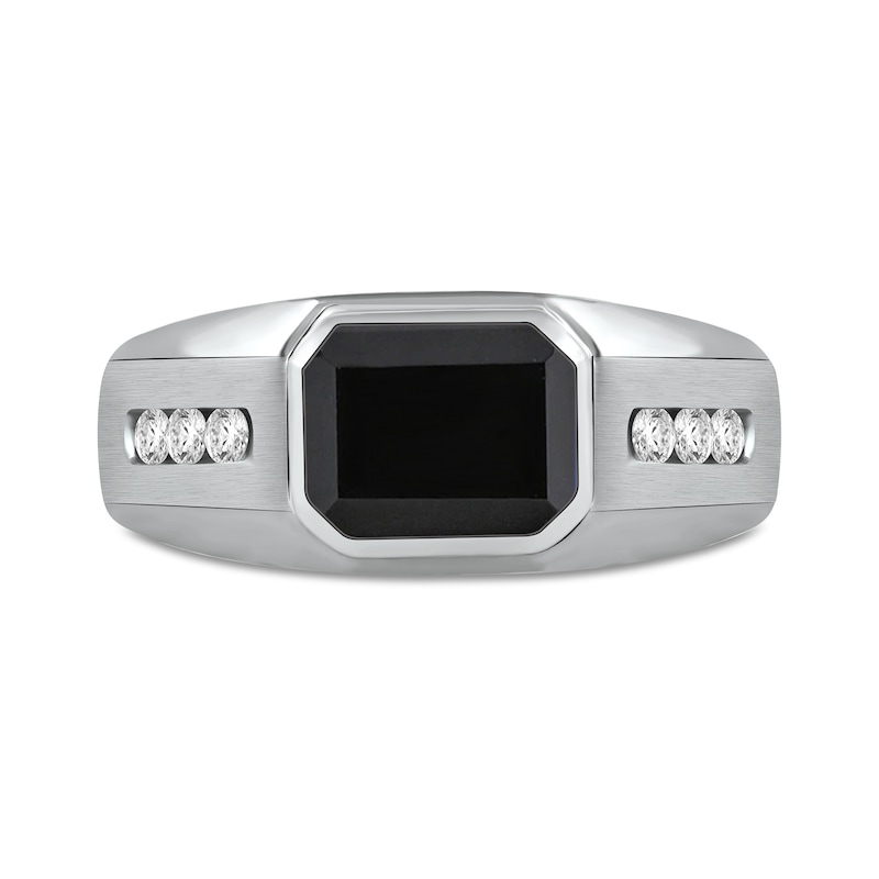 Main Image 3 of Men's Sideways Octagonal Black Onyx and White Lab-Created Sapphire Tri-Sides Channel Band in Sterling Silver