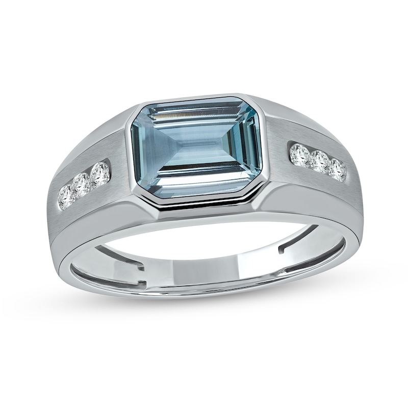 Men's Sideways Octagonal Simulated Aquamarine and White Lab-Created Sapphire Tri-Sides Channel Band in Sterling Silver