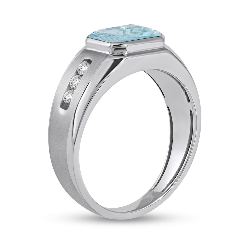 Men's Sideways Octagonal Simulated Aquamarine and White Lab-Created Sapphire Tri-Sides Channel Band in Sterling Silver