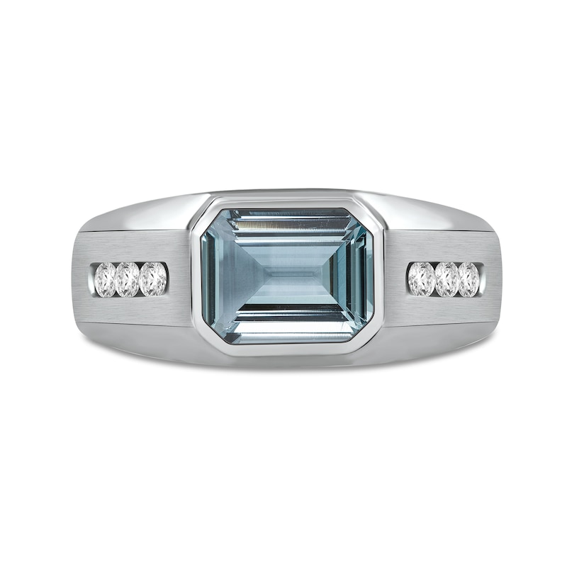 Men's Sideways Octagonal Simulated Aquamarine and White Lab-Created Sapphire Tri-Sides Channel Band in Sterling Silver