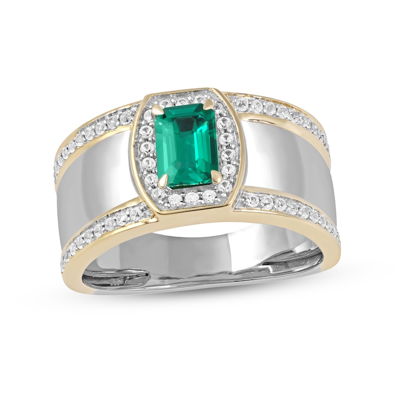 Men's Emerald-Cut Lab-Created Emerald and White Lab-Created Sapphire Triple Row Band in Sterling Silver and 10K Gold