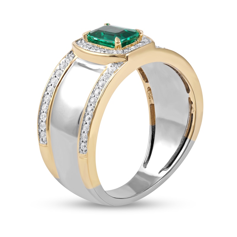 Main Image 2 of Men's Emerald-Cut Lab-Created Emerald and White Lab-Created Sapphire Triple Row Band in Sterling Silver and 10K Gold