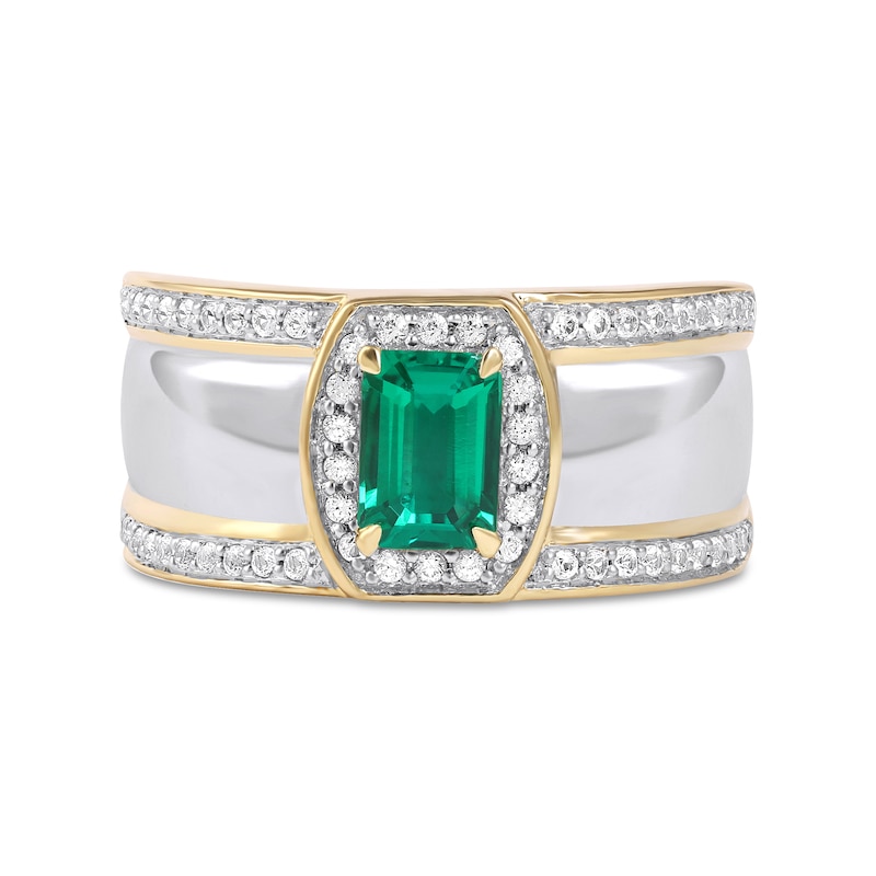 Main Image 3 of Men's Emerald-Cut Lab-Created Emerald and White Lab-Created Sapphire Triple Row Band in Sterling Silver and 10K Gold