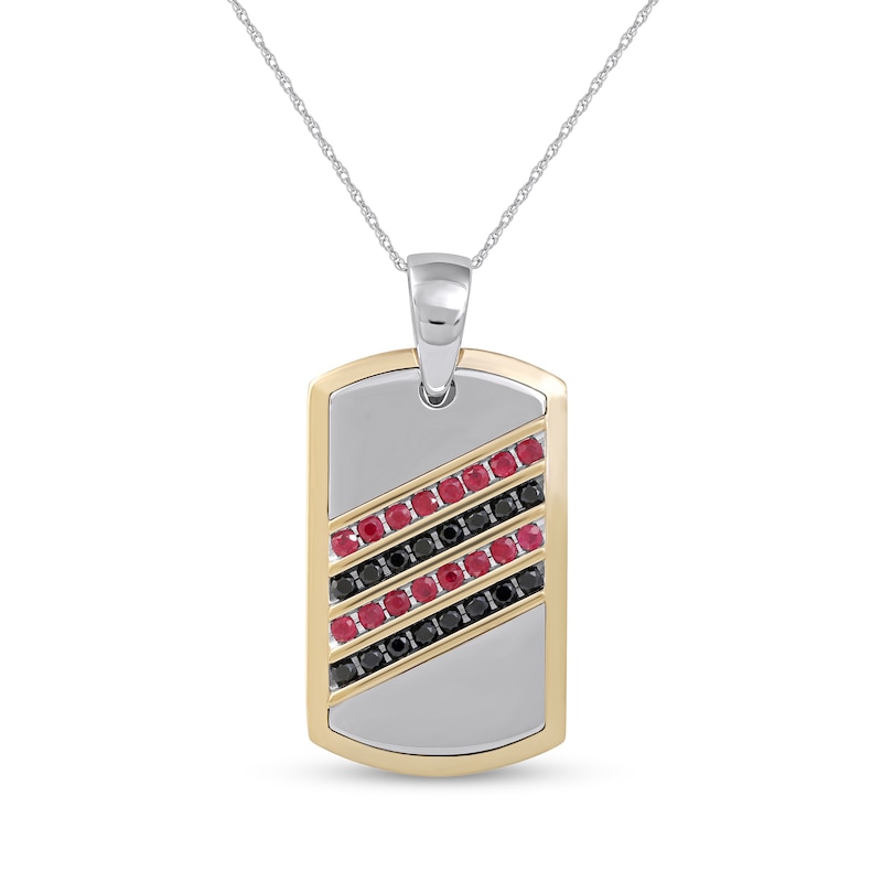 Men's Ruby and Black Sapphire Alternating Slant Four Row Dog Tag Pendant in Sterling Silver and 10K Gold – 22"
