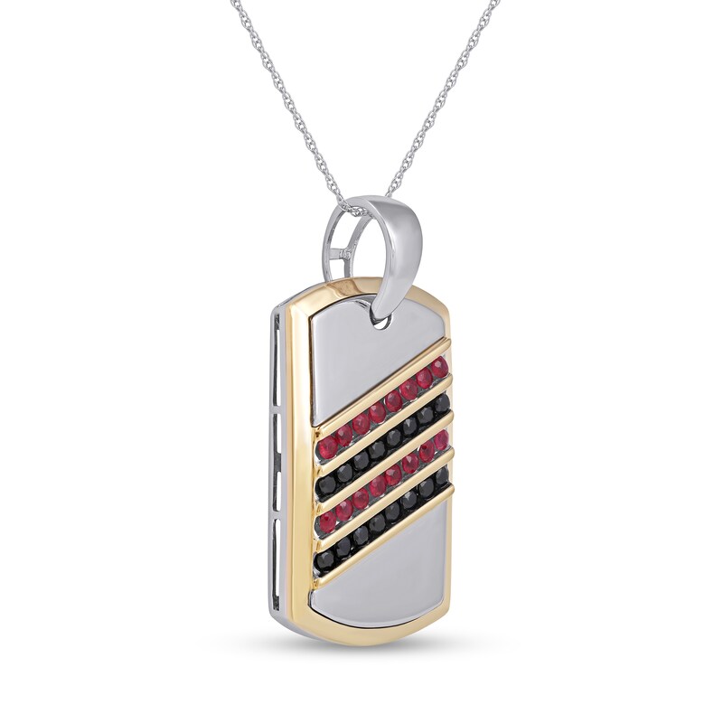 Main Image 2 of Men's Ruby and Black Sapphire Alternating Slant Four Row Dog Tag Pendant in Sterling Silver and 10K Gold – 22"
