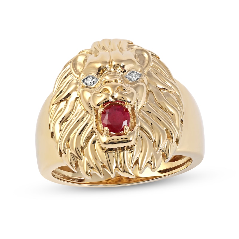 Men's 4.0mm Ruby and Diamond Accent Lion Head Ring in 10K Gold|Peoples Jewellers