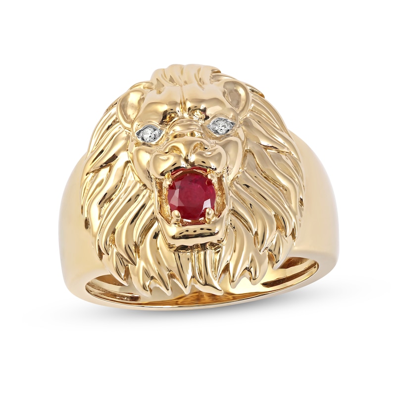 Main Image 1 of Men's 4.0mm Ruby and Diamond Accent Lion Head Ring in 10K Gold