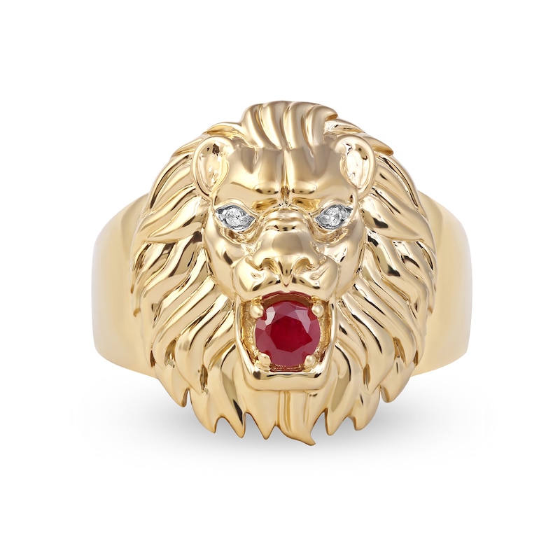 Main Image 3 of Men's 4.0mm Ruby and Diamond Accent Lion Head Ring in 10K Gold
