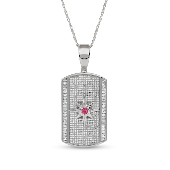 Men's Lab-Created Ruby and White Lab-Created Sapphire Border Eight-Point Star Dog Tag Pendant in Sterling Silver - 22"