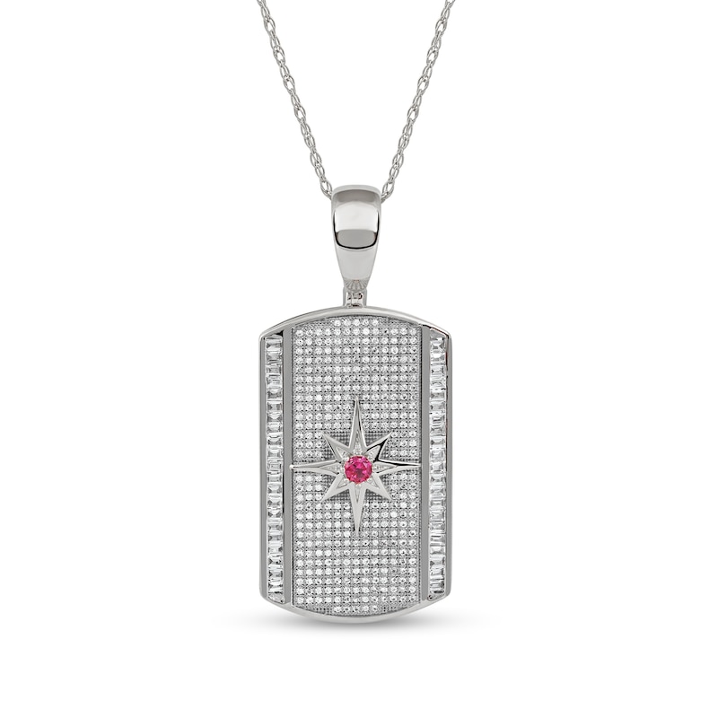 Men's Lab-Created Ruby and White Lab-Created Sapphire Border Eight-Point Star Dog Tag Pendant in Sterling Silver - 22"