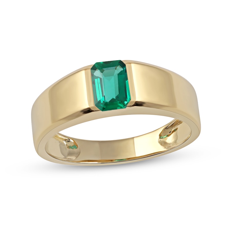 Main Image 1 of Men's Emerald-Cut Lab-Created Emerald Solitaire Octagonal Frame Band in 10K Gold