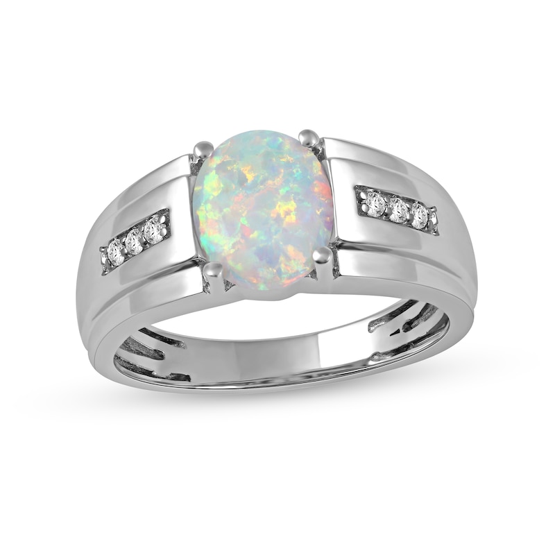 Men's Oval Lab-Created Opal and White Lab-Created Sapphire Tri-Sides Stepped Edge Band in Sterling Silver|Peoples Jewellers