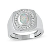 Thumbnail Image 0 of Men's Oval Lab-Created Opal and White Lab-Created Sapphire Frame Bold Shank Band in Sterling Silver
