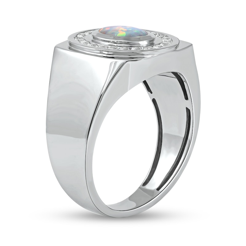 Men's Oval Lab-Created Opal and White Lab-Created Sapphire Frame Bold Shank Band in Sterling Silver