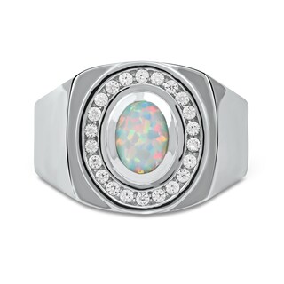 Men's Oval Lab-Created Opal and White Lab-Created Sapphire Frame Bold Shank Band in Sterling Silver