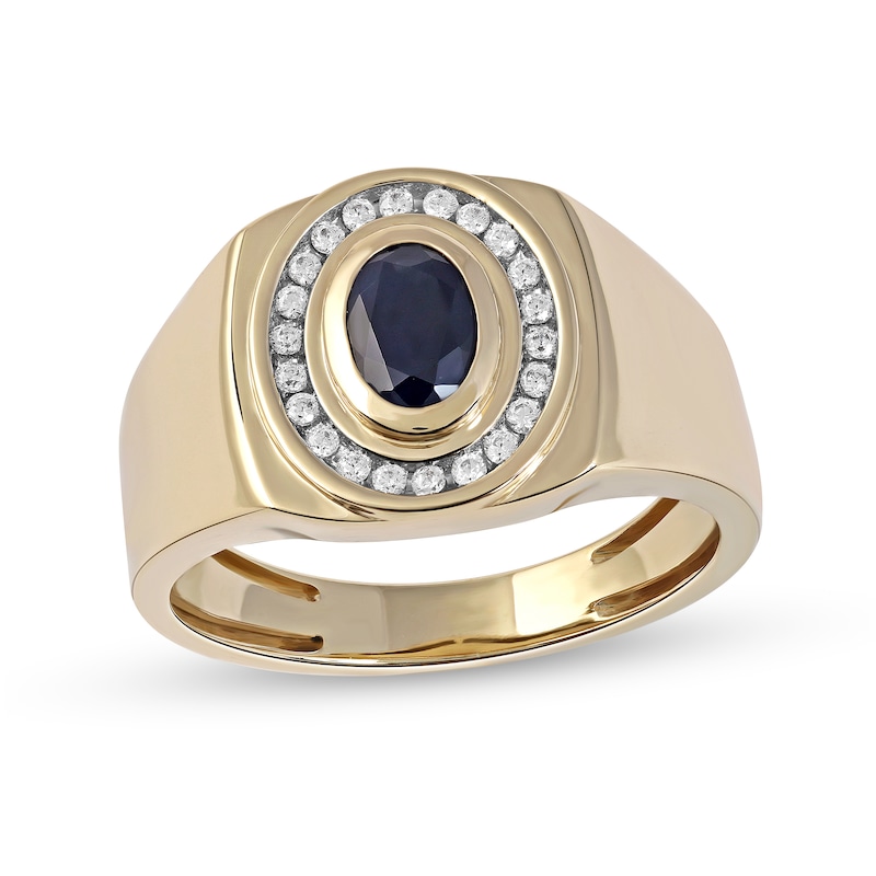 Men's Oval Blue Sapphire and 0.20 CT. T.W. Diamond Frame Bold Shank Band in 10K Gold