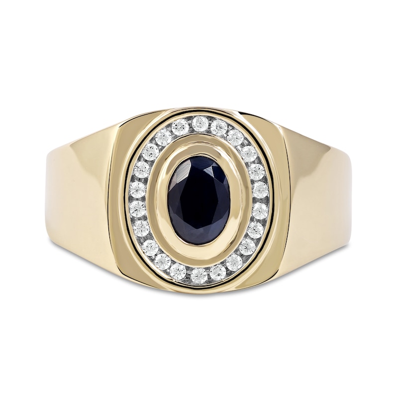 Men's Oval Blue Sapphire and 0.20 CT. T.W. Diamond Frame Bold Shank Band in 10K Gold