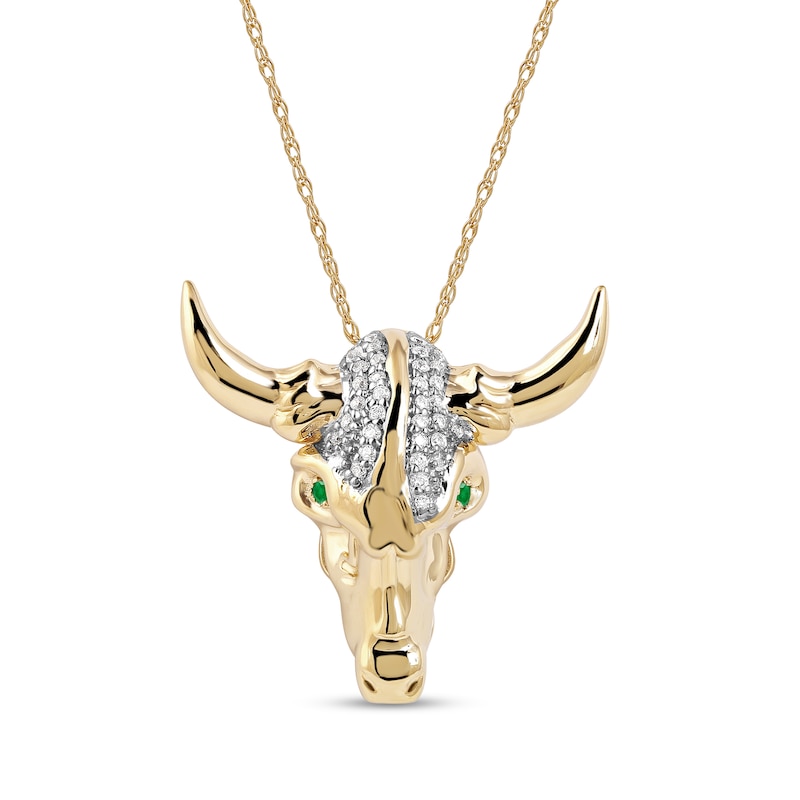 Main Image 1 of Men's Emerald and 0.10 CT. T.W. Diamond Bull Skull Pendant in 10K Gold – 22"