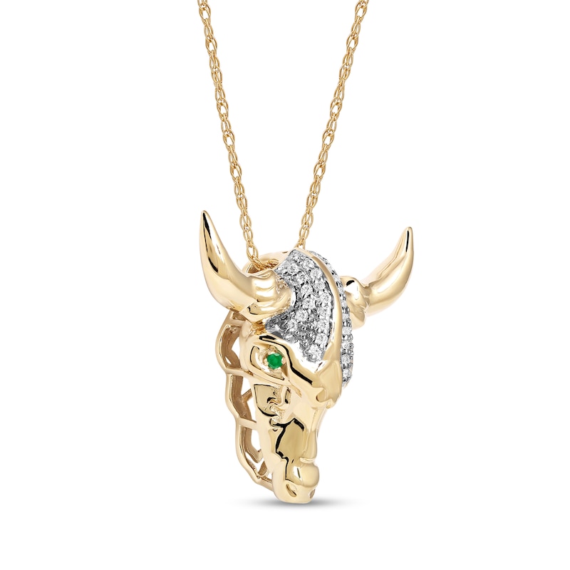 Main Image 2 of Men's Emerald and 0.10 CT. T.W. Diamond Bull Skull Pendant in 10K Gold – 22"