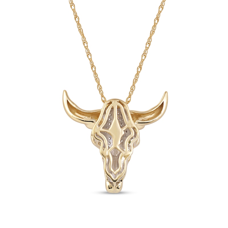 Main Image 3 of Men's Emerald and 0.10 CT. T.W. Diamond Bull Skull Pendant in 10K Gold – 22"