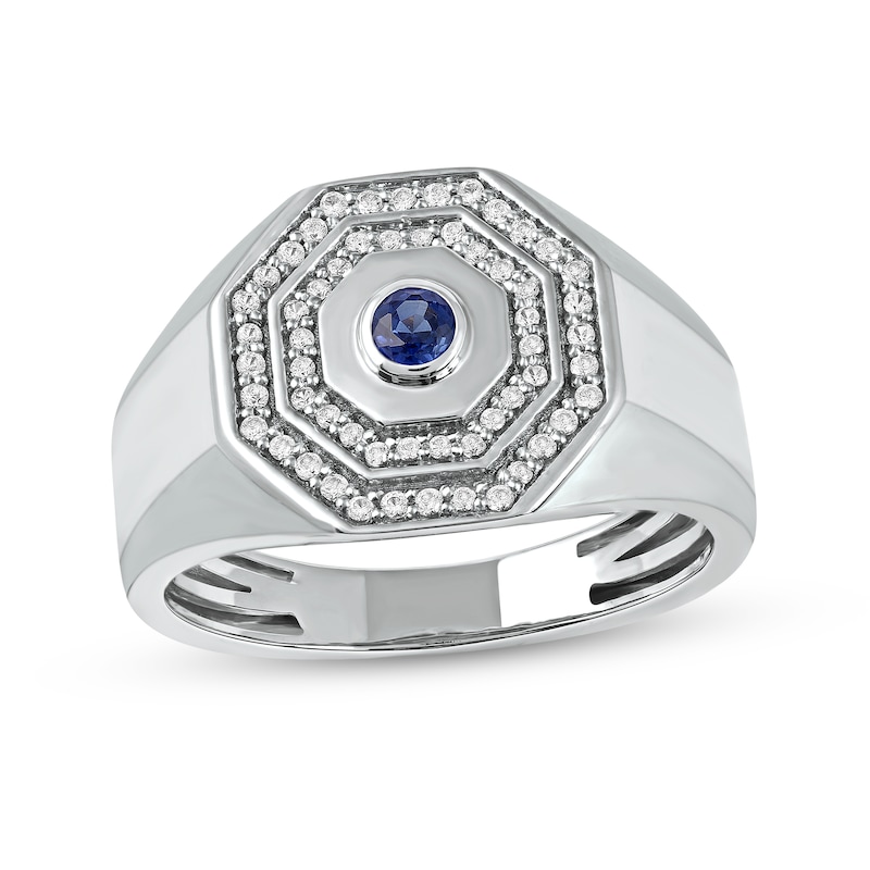 Men's Blue and White Lab-Created Sapphire Double Octagonal Frame Band in Sterling Silver