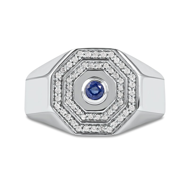 Men's Blue and White Lab-Created Sapphire Double Octagonal Frame Band in Sterling Silver