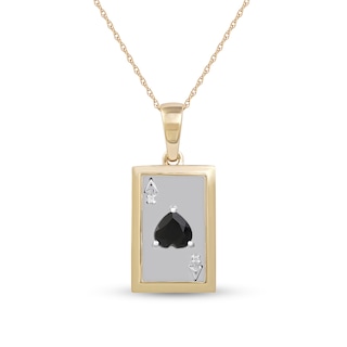 Men's Black Onyx and Diamond Accent Ace of Hearts Playing Card Pendant in 10K Gold and Sterling Silver - 22"
