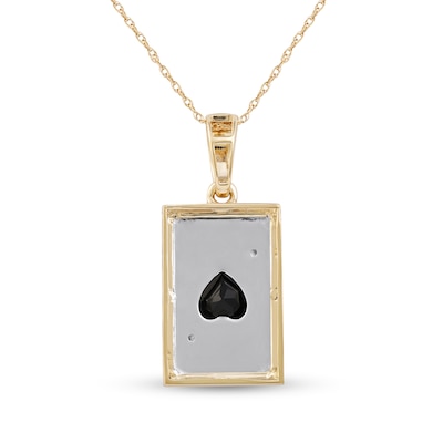 Men's Black Onyx and Diamond Accent Ace of Hearts Playing Card Pendant in 10K Gold and Sterling Silver - 22"