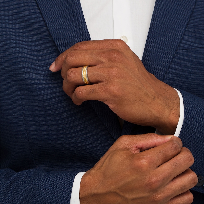 Main Image 2 of Men's 7.0mm Double Row Chevron Inlay Wedding Band in Stainless Steel and Yellow Ion-Plate (1 Line)