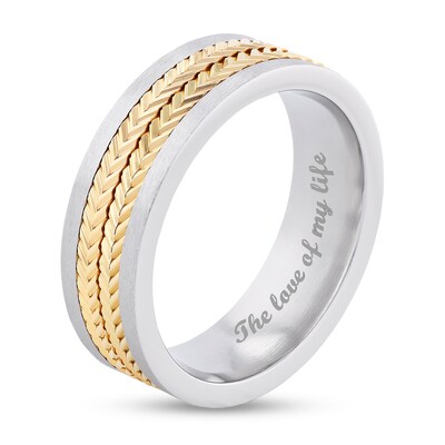 Men's 7.0mm Double Row Chevron Inlay Wedding Band in Stainless Steel and Yellow Ion-Plate (1 Line)
