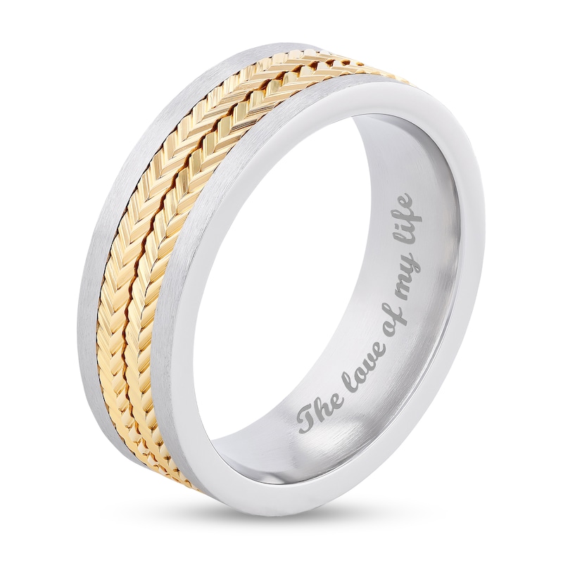 Main Image 3 of Men's 7.0mm Double Row Chevron Inlay Wedding Band in Stainless Steel and Yellow Ion-Plate (1 Line)