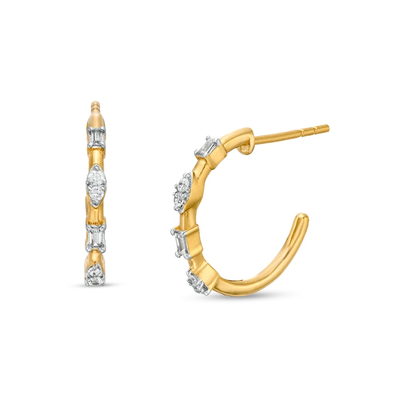 Main Image 1 of 0.25 CT. T.W. Baguette and Marquise-Shaped Diamond Alternating J-Hoop Earrings in 10K Gold