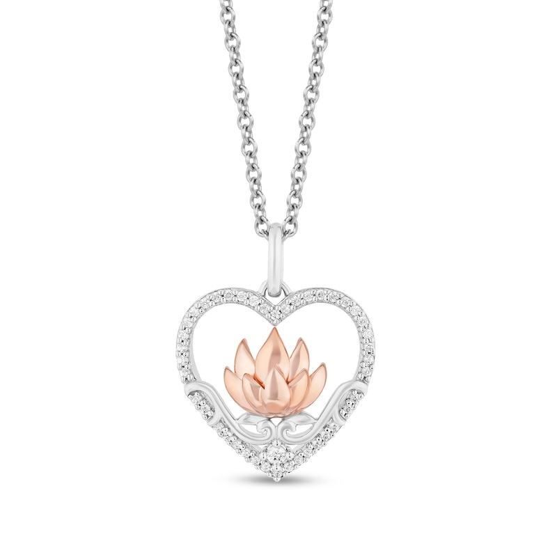 Main Image 1 of Enchanted Disney Jasmine 0.18 CT. T.W. Diamond Frame Flower in Heart Pendant in Sterling Silver and 10K Rose Gold – 19"