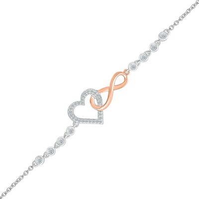 0.085 CT. T.W. Diamond Interlocking Infinity and Heart Bracelet in Sterling Silver and 10K Rose Gold - 7.5"