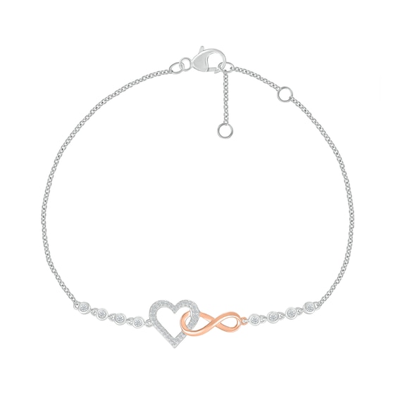 0.085 CT. T.W. Diamond Interlocking Infinity and Heart Bracelet in Sterling Silver and 10K Rose Gold - 7.5"