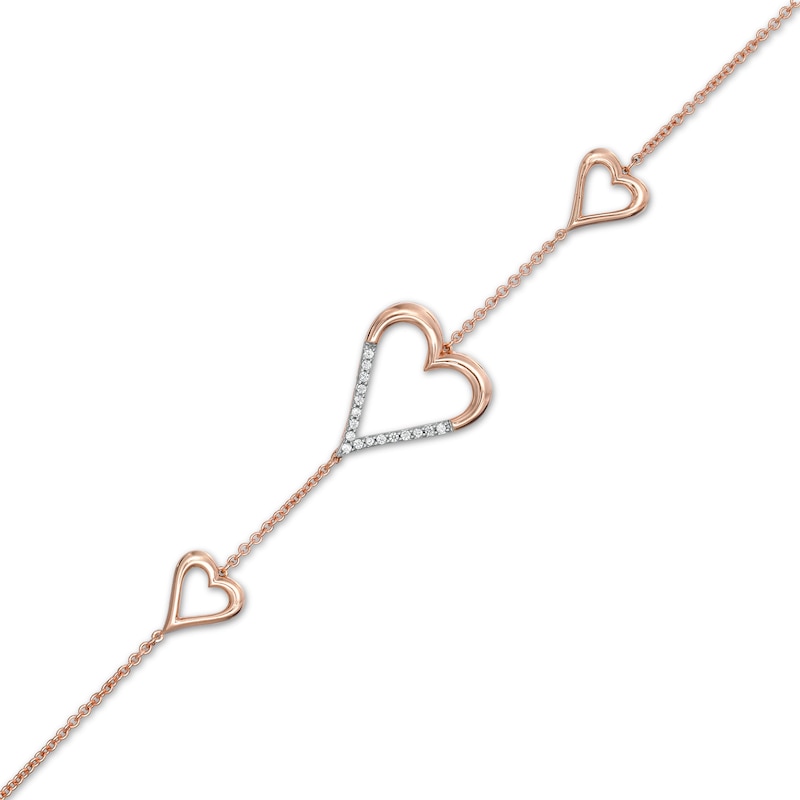 Main Image 1 of 0.066 CT. T.W. Diamond Heart Trio Bracelet in 10K Rose Gold – 7.5"