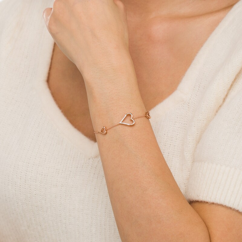 Main Image 2 of 0.066 CT. T.W. Diamond Heart Trio Bracelet in 10K Rose Gold – 7.5"