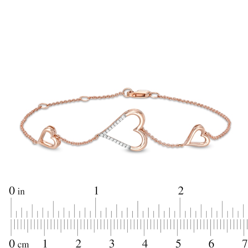 Main Image 4 of 0.066 CT. T.W. Diamond Heart Trio Bracelet in 10K Rose Gold – 7.5"
