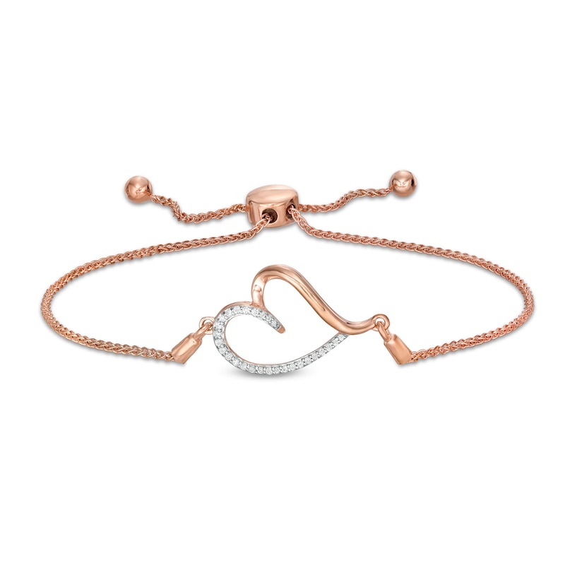 Main Image 1 of 0.085 CT. T.W. Diamond Sideways Tilted Heart Bolo Bracelet in Sterling Silver with 14K Rose Gold Plate – 9.5"