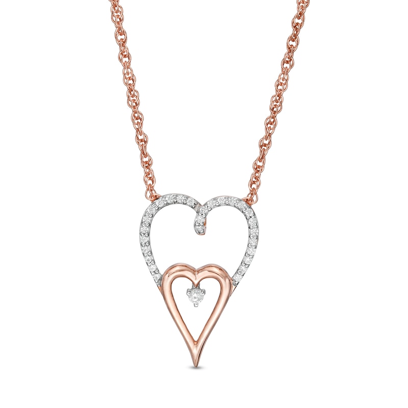 0.145 CT. T.W. Diamond Double Elongated Heart Necklace in Sterling Silver with 14K Rose Gold Plate