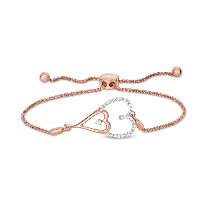 0.145 CT. T.W. Diamond Double Elongated Heart Bolo Bracelet in Sterling Silver with 14K Rose Gold Plate – 9.5"|Peoples Jewellers