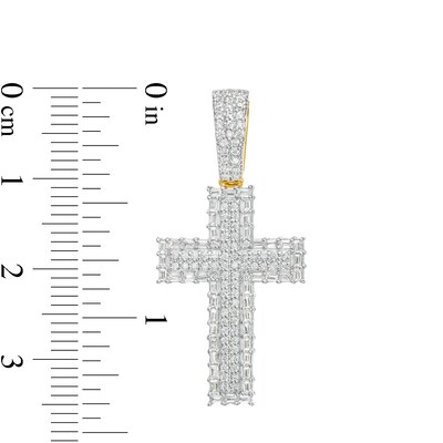 Men's 0.75 CT. T.W. Baguette and Round Diamond Border Cross Necklace Charm in 10K Gold