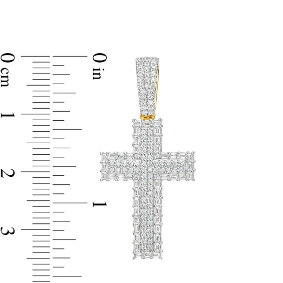 Men's 0.75 CT. T.W. Baguette and Round Diamond Border Cross Necklace Charm in 10K Gold