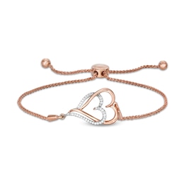 0.088 CT. T.W. Diamond Interlocking Double Elongated Heart Bolo Bracelet in Sterling Silver with 14K Rose Gold Plate