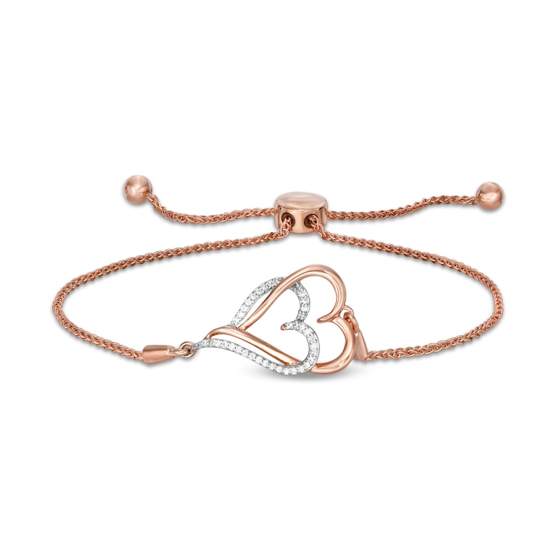 0.088 CT. T.W. Diamond Interlocking Double Elongated Heart Bolo Bracelet in Sterling Silver with 14K Rose Gold Plate|Peoples Jewellers