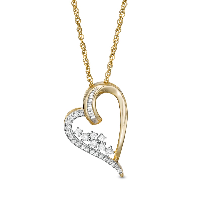 0.23 CT. T.W. Baguette and Round Diamond Tilted Scatter Heart Pendant in 10K Gold