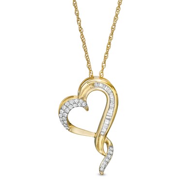 0.145 CT. T.W. Baguette and Round Diamond Twist Heart Pendant in 10K Gold